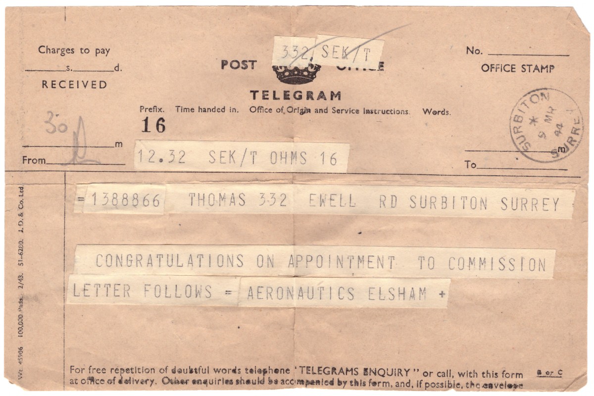 Telegram to Hugh informing him of  his commission