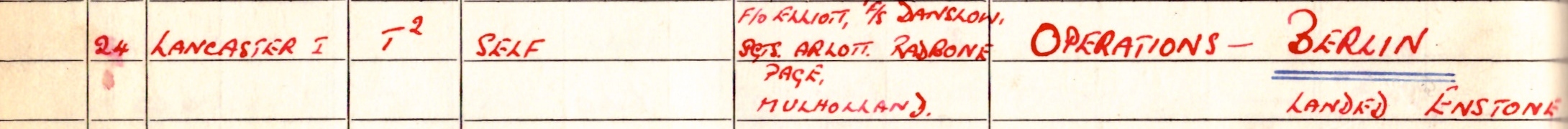 Hugh's Logbook entry 24th March 1944