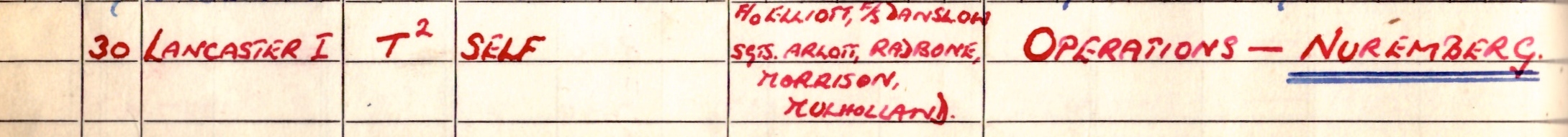 Hugh's Logbook entry 30th March 1944